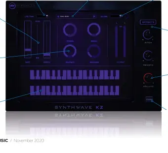  ??  ?? LFO FADERS Control the depth and rate with these two
ADSR
Easy controls to shape the envelope of your preset sound here
KEYBOARDS
Two sets of keys to control upper and lower notes
LFO TYPE
Choose from five LFO wave types here 100 SOUNDS
This is what Synthwave Keys is all about! Select from 100 sounds here
FILTER SECTION Choose from two filter types (high and low) here
EFFECTS
Two effects for changing pitch and adding ‘verb
VOLUME
In red as it controls the main signal level
POWER!
Just in case you need to switch Synthwave on or off, do it here