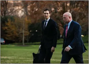  ?? The New York Times/SAMUEL CORUM ?? Senior White House adviser Jared Kushner (left) and acting Attorney General Matthew Whitaker arrive Friday at the White House after traveling with President Donald Trump to a Justice Department event in Kansas City.