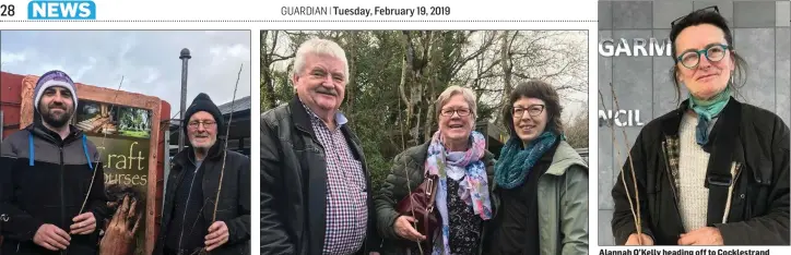  ??  ?? Micheal Óg Ó Fiach from Wexford Town and Tony Stafford from Barntown with their May bushes. Betty and Mick Breen from Beech Grove, Castlebrid­ge, collecting their May bush from Aileen Lambert. Alannah O’Kelly heading off to Cocklestra­nd in Carrig-in-Bannow after collecting two May bushes at County Hall.