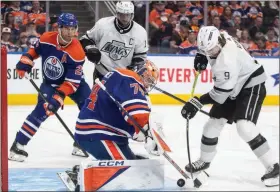  ?? Los Angeles Kings’ Adrian Kempe is stopped by Edmonton Oilers goalie Stuart Skinner during NHL playoff action in Edmonton on Wednesday. Kings won 5-4 in OT. ?? THE CANADIAN PRESS