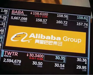  ?? — Bloomberg ?? Most vulnerable: A file picture showing Alibaba’s signage on the floor of the New York Stock Exchange. Alibaba and Chinese semiconduc­tors are among the most vulnerable amid the global tech sell-off.