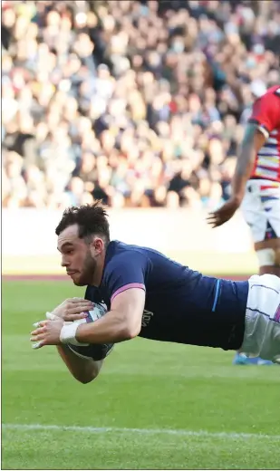  ?? ?? Rufus McLean scores the first of two tries on his debut for Scotland and below, coach Gregor Townsend