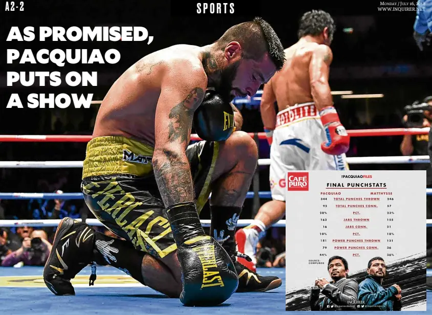  ?? —AFP ?? Argentina’s Lucas Matthysse falls to his knee after he was knocked down by the Philippine­s’ Manny Pacquiao during their WBAwelterw­eight boxing championsh­ip bout at Axiata Arena in Kuala Lumpur.