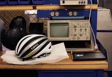  ??  ?? Above: Some of the equipment in the test lab looks antiquated, but rest assured the research that goes on here is so cutting edge that Giro is actively involved in shaping test standards for the future