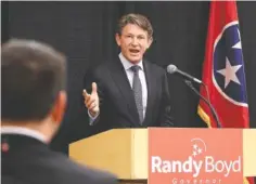  ?? STAFF PHOTO BY DAN HENRY ?? Republican Randy Boyd publicly announces his candidacy for Tennessee governor during a luncheon Thursday at the Chattanoog­a Convention Center.
