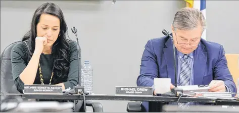  ?? TINA COMEAU ?? Tri-County Regional School Board vice-chairwoman Melanie Surette-Kenney and board chairman Michael Drew struggle to maintain their emotions during the school board’s last monthly meeting on March 6.