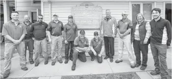  ?? DARREN STONE, TIMES COLONIST ?? Master superinten­dent Brian Youell, fourth from right, with some of his grounds staff that helped Uplands Golf Club come through a tough winter with flying colours.