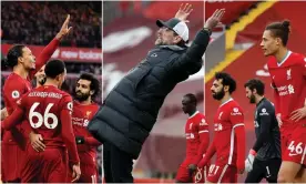  ??  ?? Liverpool with Virgil Van Dijk on their way to winning the title, a frustrated Jürgen Klopp and dejected players after the champions’ recent defeat to Fulham. Photograph: Getty Images