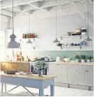  ??  ?? Left: Rustic styled kitchen with shelving. Right: White Coral (faux) bookends, £45, The Grey Works, other items are the stylist’s own