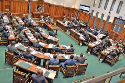  ?? ?? Opposition Members of Parliament on the left and Government MPs on the right with Speaker to Parliament, Ratu Naiqama Lalabalavu on December 24, 2022.