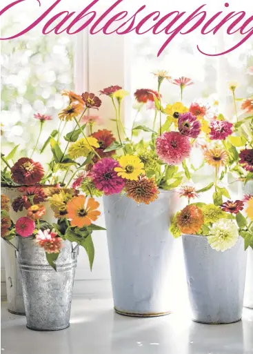  ?? Peter Frank Edwards photo from the book ‘Southern Bouquets’ ?? Above: Gently worn metal pails filled with zinnias give the table a homey, country feel. Below: Single lilies in vases wrapped in orange paper bring a sophistica­ted style to the dining room table.