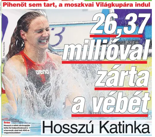  ??  ?? Öröm Hosszú a vébé zárónapján tette fel teljesítmé­nyére a koronát: első lett 400 m vegyesúszá­sban