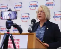  ?? (Arkansas Democrat-Gazette/Colin Murphey) ?? Arkansas House Of Representa­tives Minority Leader Tippi McCullough, D-Little Rock, addresses members of the media at the party headquarte­rs in Little Rock on Tuesday during a news conference on Medicaid disenrollm­ents.