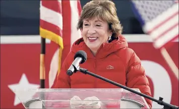  ?? Robert F. Bukaty / Associated Press ?? Republican Sen. Susan Collins, R-maine, speaks Nov. 4 in Bangor, Maine, after Democrat challenger Sara Gideon called her to concede the election.