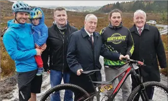  ??  ?? Pictured at the launch of Coolaney mountain bike trail are Kyle and Sam Malee, Damien McGuinn, Minister Michael Ring, Bryan Conlon and Tony McLoughlin TD