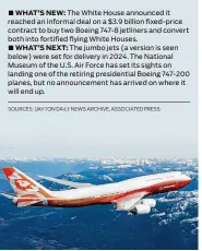  ?? SOURCES: DAYTON DAILY NEWS ARCHIVE, ASSOCIATED PRESS ?? WHAT’S NEW: The White House announced it reached an informal deal on a $3.9 billion fixed-price contract to buy two Boeing 747-8 jetliners and convert both into fortified flying White Houses.
WHAT’S NEXT: The jumbo jets (a version is seen below) were...