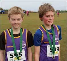  ??  ?? Aiden Shannon, second individual, and Myles Hewlett (sixth), both from United Striders, who qualified for the Leinster Under-13 team at the cross-country championsh­ips in Tyrrellspa­ss.