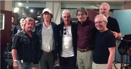  ?? PHILLIPS RECORDING SERVICE ?? At the Sam Phillips Recording Service on Madison Avenue: Sam's son, Jerry Phillips; Mick Jagger; writer Anthony McCarten; studio manager Judd Phillips (nephew of Sam); Peter Guralnick; and (tall, in back of Guralnick) Steve Bing.