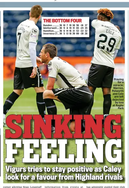  ??  ?? Praying for a miracle: Warren, Polworth and Cole are left dejected by loss at Rugby Park