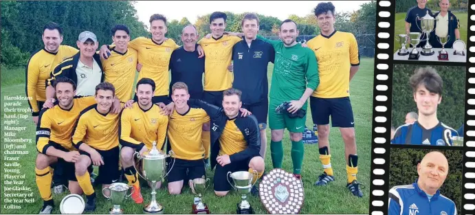  ??  ?? Haroldeans parade their trophy
haul. (Top right): Manager Mike Bloomberg
(left) and chairman Fraser Saville, Young Player of the Year Joe Glaskie, Secretary of the Year Neil Collins