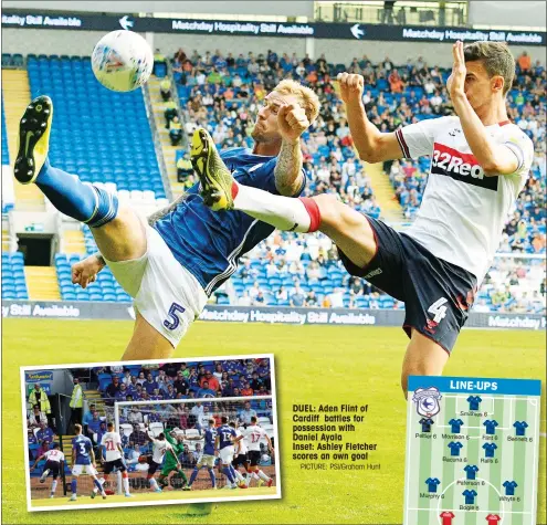  ?? PICTURE: PSI/Graham Hunt ?? DUEL: Aden Flint of Cardiff battles for possession with Daniel Ayala Inset: Ashley Fletcher scores an own goal