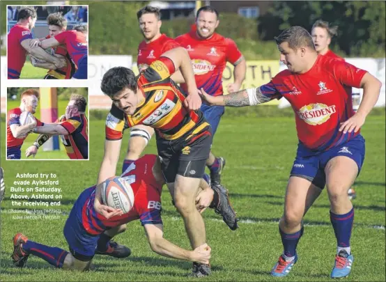  ?? Pictures: Paul Amos FM4551673. Above: FM4551674, FM4551681 ?? Ashford try to evade Aylesford Bulls on Saturday. Above, Ashford on the receiving end