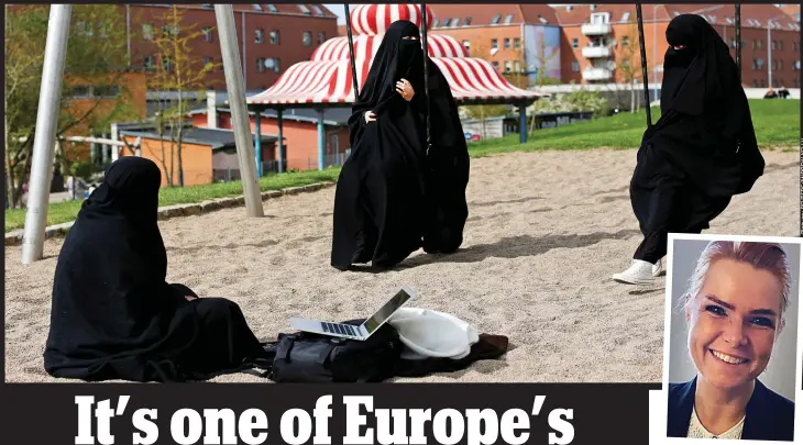  ??  ?? Culture clash: Friends Zaynab, Amira and Sabrina relaxing in Mjolnerpar­ken. Inset: Inger Stojberg, the hardline integratio­n minister