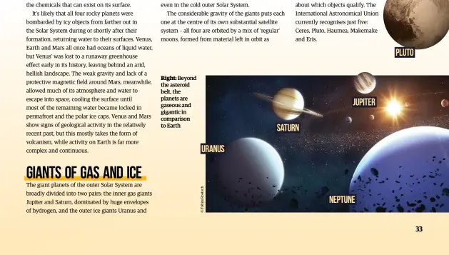  ??  ?? Right: Beyond the asteroid belt, the planets are gaseous and gigantic in comparison to Earth Jupiter Saturn uranus Neptune