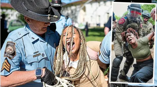  ?? ?? Arrest: Police detain a protester at Emory University in Georgia yesterday. Inset, unrest at the University of Texas