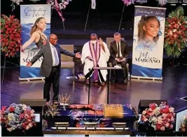  ?? SUSAN STOCKER South Florida Sun Sentinel ?? Pastor Dr. Clyde Bailey, with Pastors Norman Hemming and Victor Massey, speaks during the funeral service for Miya Marcano on Thursday at Cooper City Church of God.