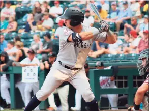  ?? Somerset Patriots / ?? Monroe's Thomas Milone, playing at Hartford's Dunkin' Donuts Park this week, is hitting nearly .300 between Double-A Somerset and Triple-A Scranton this season.