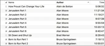  ??  ?? Here are a few of my audiobooks in Audiobook List view; you can see the checkboxes to the left of each item. All but two of them are checked