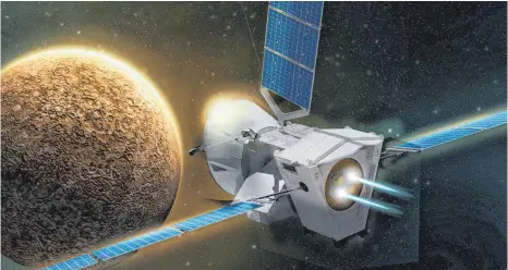  ?? FOTO-MONTAGE: AIRBUS ?? Die BepiColomb­o-Raumsonde soll ab 2025 den Merkur erforschen.