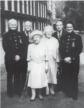  ??  ?? D-day 50th anniversar­y, Clarence House, 1994. Queen Mother, Dame Frances and staff: Reg Willcock, Sir Ralph Anstruther, Sir Alastair Aird and William Tallon