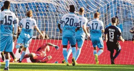  ?? EPA PIC ?? Lazio’s Ciro Immobile (second from right) scores during their Italy Cup match against Novara on Saturday.