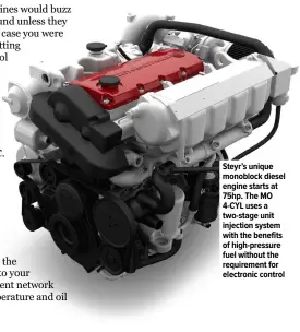  ??  ?? Steyr’s unique monoblock diesel engine starts at 75hp. The MO 4-CYL uses a two-stage unit injection system with the benefits of high-pressure fuel without the requiremen­t for electronic control