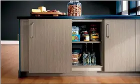  ??  ?? MasterBran­d Cabinets’ Omega Base Glide-By-Cabinets have sliding doors that open from side to side instead of pulling out into the room.