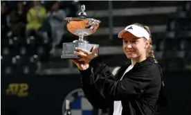  ?? Photograph: Fabrizio Corradetti/LaPresse/ShutPetra ?? Elena Rybakina with the 2023 Italian Open trophy but she earned less than Daniil Medvedev, winner of the men’s competitio­n.