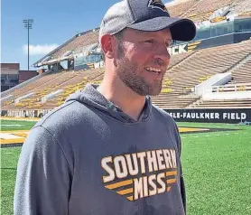  ?? SAM SKLAR ?? Southern Miss football defensive coordinato­r Clay Bignell following a spring practice on Wednesday.