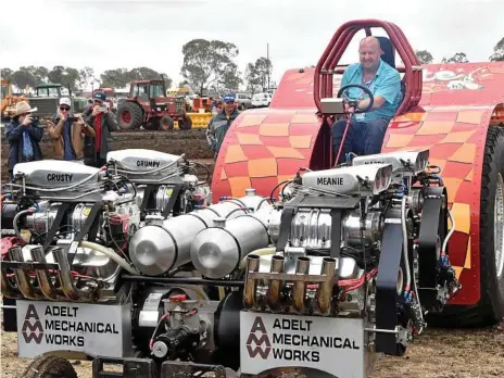  ?? Photos: Bev Lacey ?? NOW THAT’S A TRACTOR: Peter Mann and his four-engine, 8000 horse power beast Coyote revs up for competitio­n at the Scoot Mason Annual Tractor Pull at Biddeston.