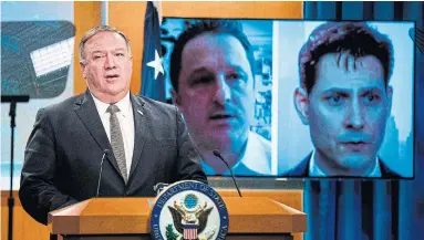  ?? MANUEL BALCE CENATA POOL/AFP VIA GETTY IMAGES ?? U.S. Secretary of State Mike Pompeo speaks during a recent news conference in Washington regarding the status of Canadians Michael Spavor and Michael Kovrig, who have been detained in China since December 2018.
