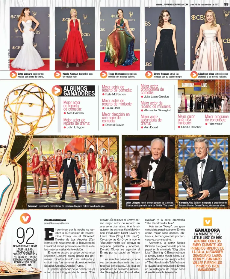  ??  ?? Nicole Kidman deslumbró con un vestido rojo. Talento.el reconocido presentado­r de televisión Stephen Colbert condujo la gala. John Lithgow fue el primer ganador de la noche. El actor participa en la serie de Netflix “The crown”. Comedia.alec Baldwin...