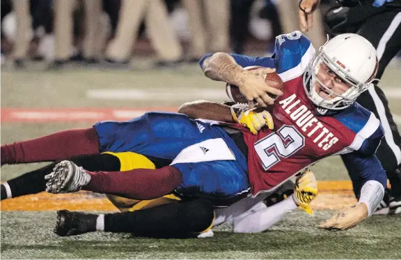  ?? THE CANADIAN PRESS ?? Alouettes QB Johnny Manziel had a rough outing in his CFL debut last week against the Tiger-Cats, throwing four intercepti­ons in a humiliatin­g 50-11 loss.