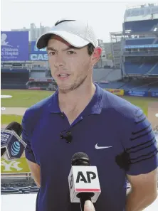  ?? AP PHoto ?? BATTING LEADOFF IN FEDEX CUP: Rory McIlroy meets the media at Yankee Stadium this week in preparatio­n for the Northern Trust, which opens the PGA playoffs.