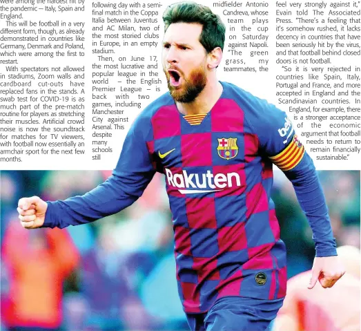  ?? AP ?? In this Saturday, February 22, 2020 file photo, Barcelona’s Lionel Messi celebrates after scoring his side’s opening goal during a Spanish La Liga match between Barcelona and Eibar at the Camp Nou stadium in Barcelona, Spain.