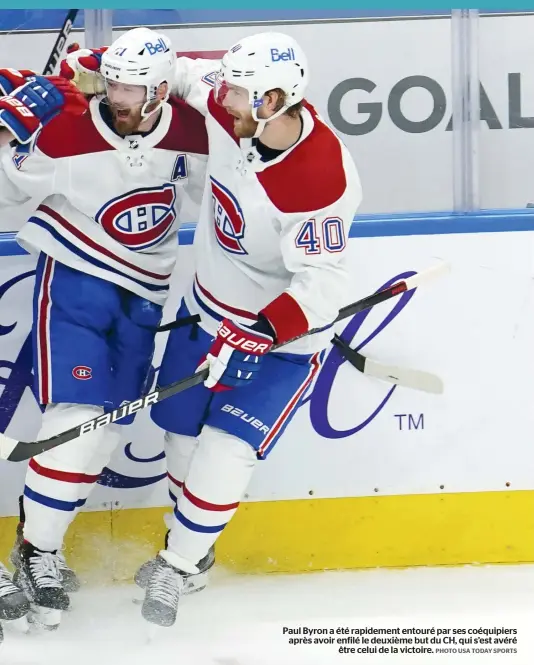  ?? PHOTO USA TODAY SPORTS ?? Paul Byron a été rapidement entouré par ses coéquipier­s après avoir enfilé le deuxième but du CH, qui s’est avéré
être celui de la victoire.