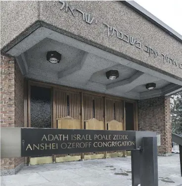  ?? DAVE SIDAWAY / MONTREAL GAZETTE ?? The Adath Israel synagogue in Hampstead, an on-island suburb of Montreal, is at the centre of a dispute between a former cantor and its rabbi over expenses, a non- disparagem­ent agreement and charges of extortion and theft.