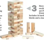  ??  ?? Have a fun and exciting Jenga Giant Party with your friends and family! Includes 54 hardwood Jenga blocks and a stacking sleeve.