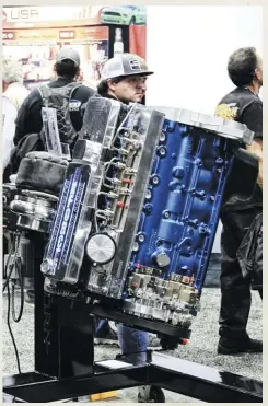  ??  ?? Although there were a lot of things to see at the Meyer Distributi­ng booth, the first thing we noticed was the rotating D&J Enforcer series Cummins that was on display. Thanks to their proven durability and horsepower potential, D&J Precision Machine’s common-rail engines have become extremely popular in recent years. Firepunk Diesel’s campaignin­g of these near-bulletproo­f mills in its record-breaking trucks has certainly helped matters.