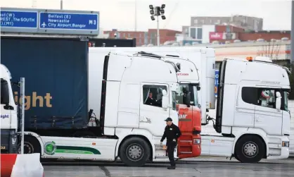  ?? Heavy goods vehicles wait to be checked at Belfast docks. Photograph: PA ??